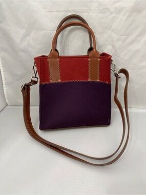 Two-Tone Purple and Rust Crossbody Bag with Brown Leather Trim